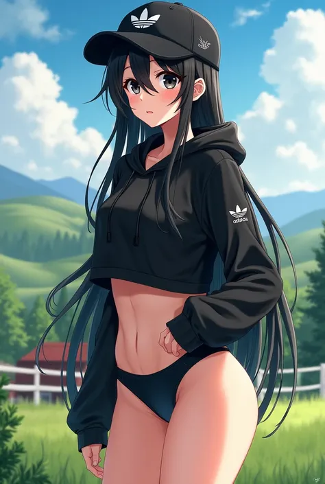 sexy anime girl, long black hair, black eyes, barefoot, wear black adidas cap, wear black adidas hood, wear black adidas hot pants, background is farm, shows all body