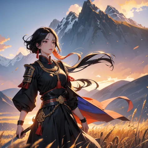 beautiful woman black-haired male general holding a large sword in black ancient Chinese general costume, Standing in the middle of wheat field, sunset, close up. behind which are mountains, there are low clouds floating in the blue sky.