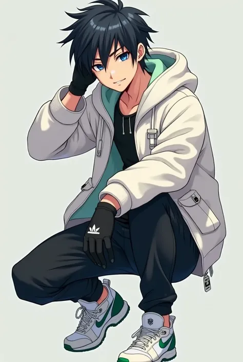 A male teenage anime style character With slightly long and thick black hair that is a little spiky with the hair slightly covering his left eye., big navy blue eyes, Jaketa Thick white jacket, black pants, white sneakers with green, and with black gloves.