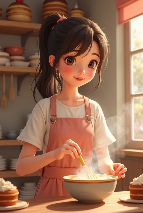 Pretty brunette girl with big eyes and hair in ponytail baking cake in cute bakery with ocher and pink counters