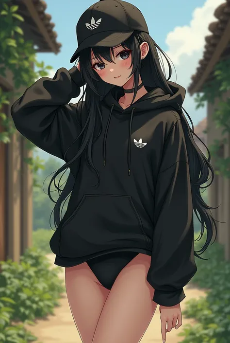 Sexy anime girl, long black hair, black eyes, barefoot, wear black adidas cap, wear black adidas hood, wear black panties, background is farm, show feet