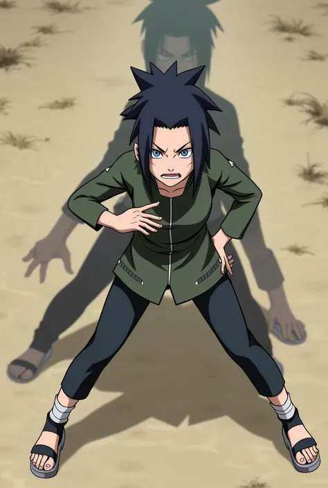 Shikamaru uses his shadow imitation technique to manipulate Temari&#39;s body from the anime Naruto, making her stand with her legs wide apart and look frustrated.。