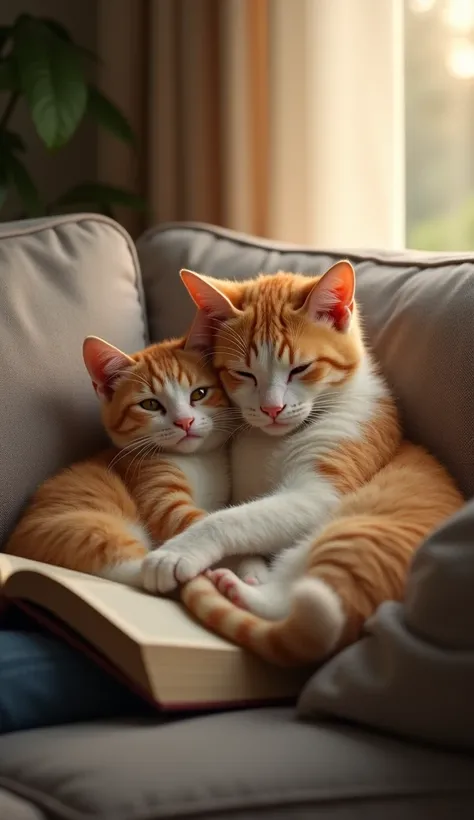 A scene of two cats gently snuggling up to their owner who is reading a book on the sofa, one by their side and the other at their feet. One cat, with a calm and serene expression, leans against the owner’s arm, while the other cat curls up at the owner’s ...