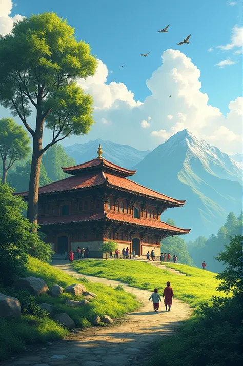 Image concentrated to single house which has a green background with two three trees and people moving and blue sky with birds and sun little glimpse and that single house must be of old Nepalese house design