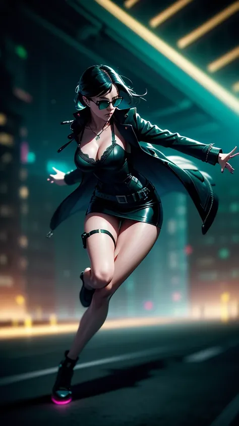 cyberpunk-style city with a nocturnal vibe with Matrix-like aesthetic references, glowing huge clock tower as time machine, green glowing cascading code. At night, (1girl, solo, alone), photorealistic, medium-breast slim:0.6 body, oval:0.5 face, cleavage:1...