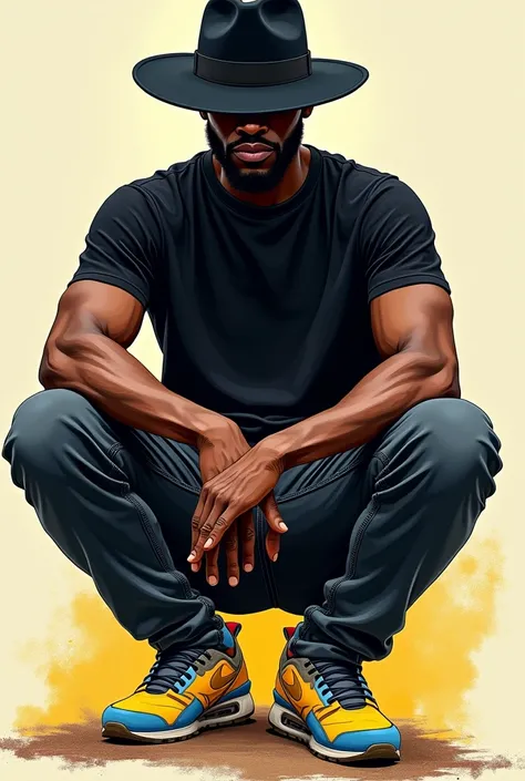 
Drawing of a black man with a hat to attract attention, a black shirt, yellow shoes and blue shoes from a free-range breeder