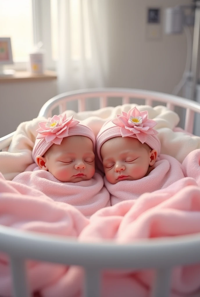 Newborn baby girls with cute pink headbands in the hospital inside the baby bassinet