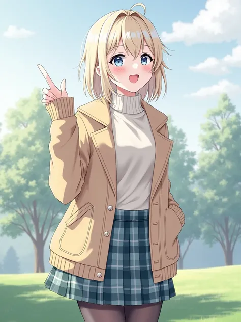 1girl, smile, solo, smile, light blonde hair, white hairstreaks, casual clothing, turtleneck, flannel tucked into a skirt, black see through thighs, outside, day, sunny day, tree, green grass