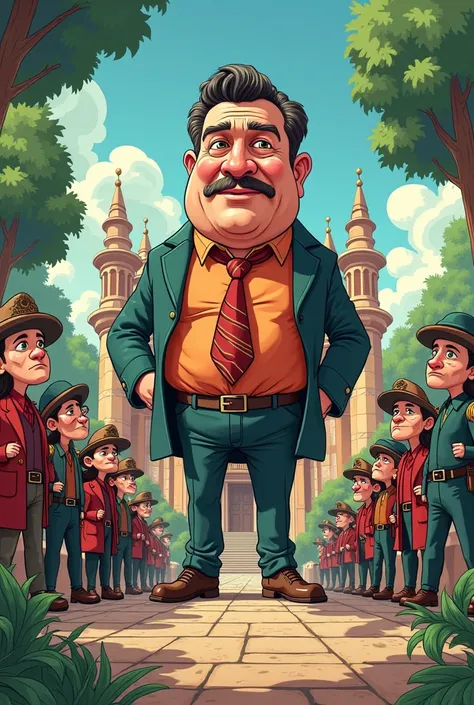 Lets create a cartoon about a historical park in Bulgaria, where the boss has an obsession with grandeur and his subordinates are ready to die for him, regardless of the fact that he manipulates them financially by taking their money, lying to them about h...