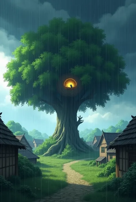 (YiffyMix 16:9) an old village with large majestic tree in the middle of the village, nest on the tree, black dark cloud suddenly appear, with strong breeze, thunderstorm with heavy rain