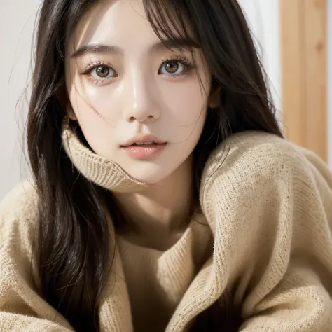 a close up of a adult woman(around 25-40 years of age) with long hair and a sweater, popular korean makeup, inspired by Wang Wu, clean clear face, white color, blank, cover shot, may, good young girl, wet make - up, looking her shoulder,                   ...