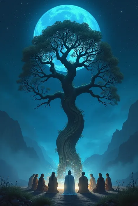 A group of humans worshiping a sacred tree in the fictional land at night with blue sky and littering moon light