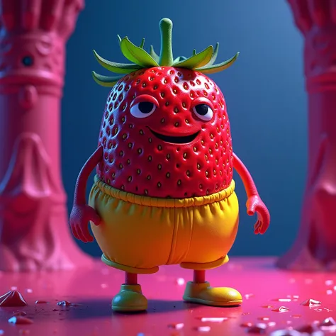 a red strawberry wearing yellow gym shorts, Intense neo dark pink and blue background