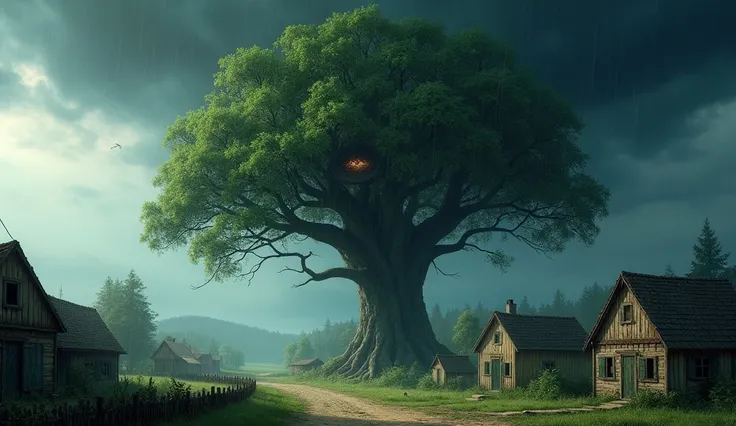 (YiffyMix 16:9) an old village with large majestic tree in the middle of the village, nest hanging on the tree, black dark cloud suddenly appear, with strong breeze, thunderstorm with heavy rain