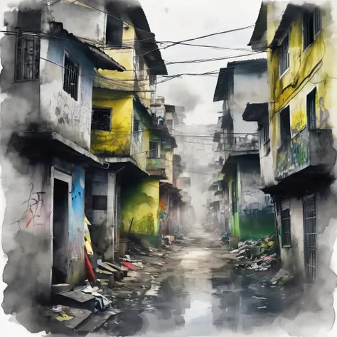 Gray Smoke human cloaca poor brain intro of smalls caotic war houses in a favela miserable and ugly, full of graffiti and sewers, poverty. Dramatic image showing the poverty of thought. Aquarela style