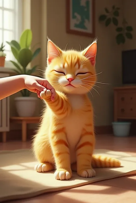 An ultra realistic yellow cat in a house playing with the hand of its child owner

