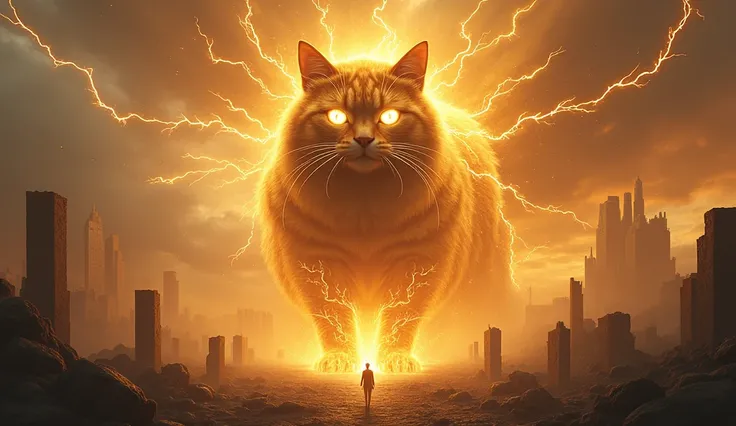 A cat, Color is yellow, god, monster, It&#39;s so big it could swallow up a city., The whole body is enveloped in lightning and electricity., Ancient city background after war, It is 100m in size, god화속세상, high detail, 8k, photorealistic, (best quality,4K,...