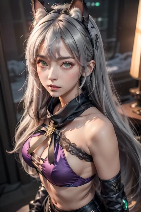 Full-body image. Ultra realistic. Masterpiece. (Photorealistic:1.4). Cyberpunk style. High quality details in the eyes with long eyelashes. A beautiful cat-girl with cat ears and cat tail, her white hair is very long till her hips. Bright gray eyes (Ultra ...