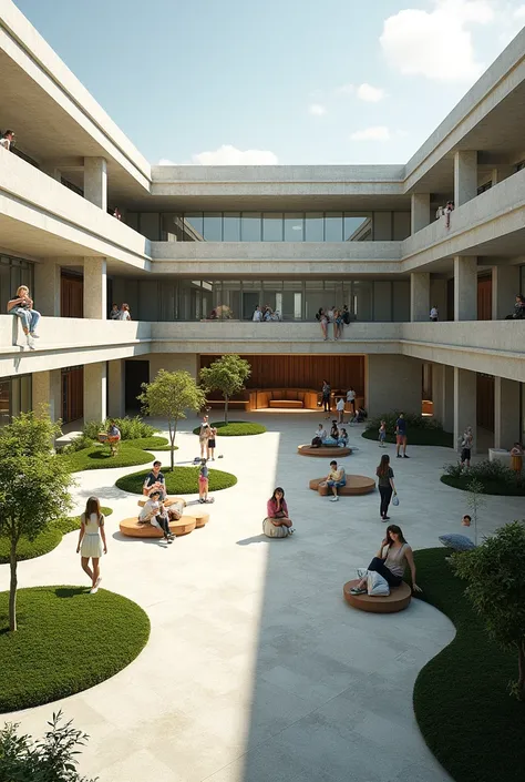 In an area of 500 square meters, a university courtyard is created where daily activities are carried out, generating spaces with changes in level such as a study area, concrete furniture, rest furniture and cell phone charger towers, defining the circulat...