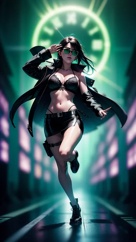 cyberpunk-style city with a nocturnal vibe with Matrix-like aesthetic references, glowing huge clock tower as time machine, green glowing cascading code. At night, (1girl, solo, alone), photorealistic, medium-breast slim:0.6 body, oval:0.5 face, cleavage:1...