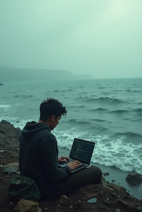 Im coding on laptop on the view of ocean but dirty ocean  