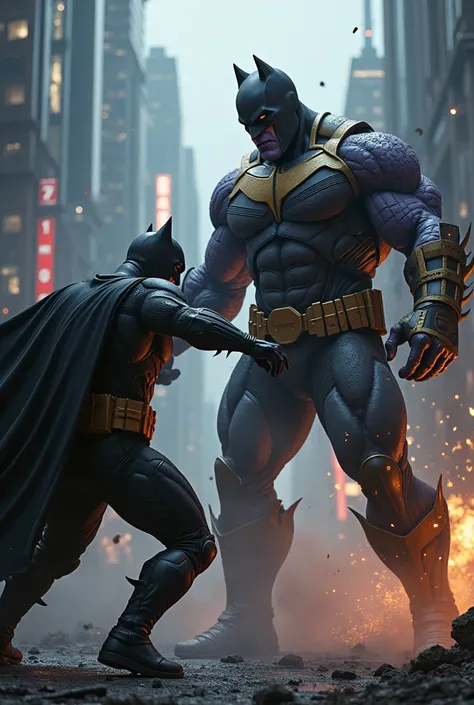 Batman attacking thanos in an alternate timeline gotham city