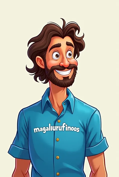 Disney style drawing of a man with a blue shirt, medium wavy straight brown hair and beard, with a shirt written "Magalurufinoos", smiling and looking at the camera.