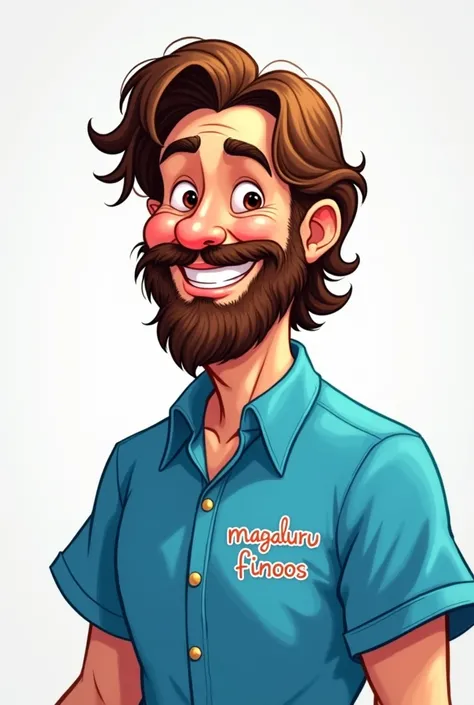 Disney style drawing of a man with a blue shirt, medium wavy straight brown hair and beard, with a shirt written "Magalurufinoos", smiling and looking at the camera.