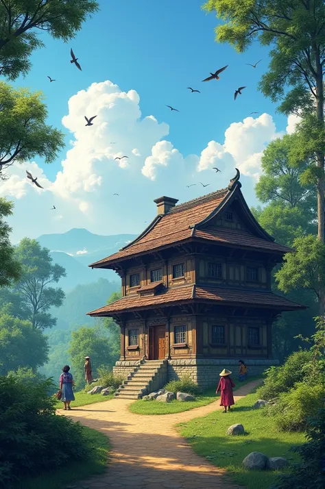 Image concentrated to single house which has a green background with two three trees and people moving and blue sky with birds and sun little glimpse and that single house must be of old Nepalese house design without any shadow and the view of house must b...