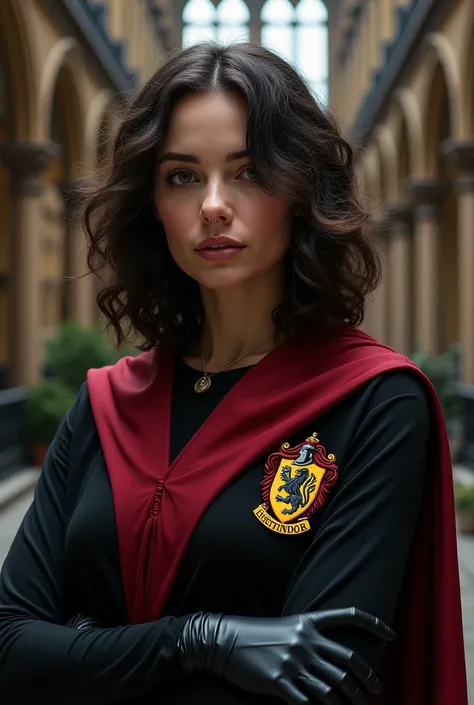 A woman with shoulder-length curly hair. Harry Potter costume. Gryffindor house. In Hogwarts. Beautiful face. Pierced nose. Wearing black gloves.