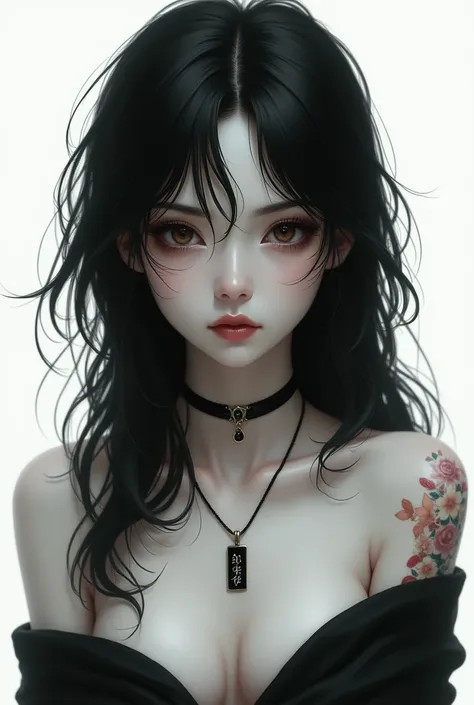 beautiful and pale woman with long, messy, black hair, brown eyes, a few tattoos and a necklace with "DEATH" ((in letters))) written on it, dark style, seducing look on her face, white background