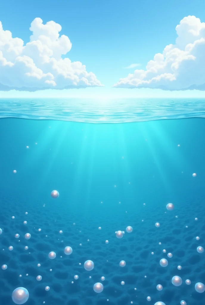 Create a crystal clear sea with the sky in the background and pearls in the sea 