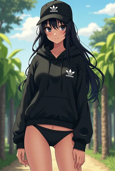 sexy anime girl, long black hair, black eyes, barefoot, wear black adidas cap, wear black adidas hood, wear black adidas hot pants, background is farm