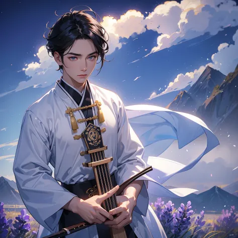 Handsome black-haired male  in white ancient Chinese costume, strolling among by the lavender fields glowing blue, close up. playing the guzheng. background is the mountains and the sea. low cloud.