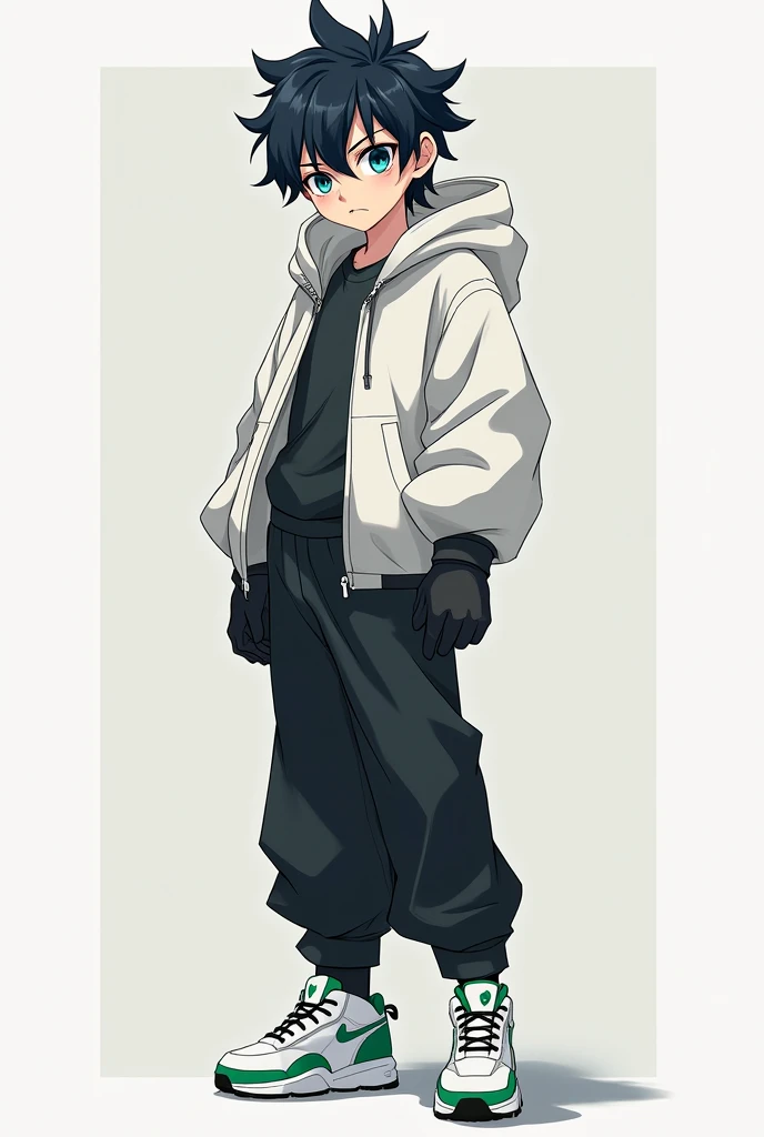 A male teenage anime style character With slightly long, black hair that is a bit spiky with hair between his eyes, big navy blue eyes, Jaketa Thick white jacket, black pants, white sneakers with green, and with black gloves.