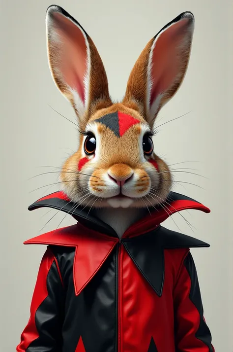 Draw a detailed and realistic rabbit dressed as a harlequin in red and black colors