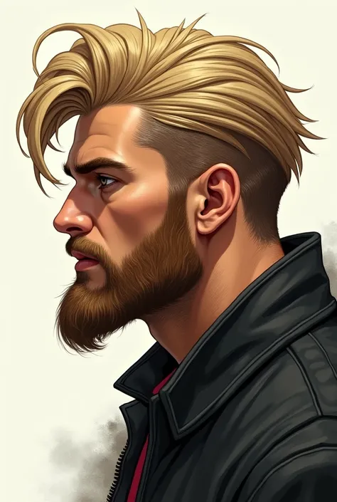 Man with well-defined face, beard and blond hair, drawn style, face sideways, looking to the side 