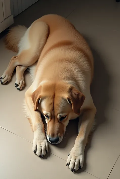 
a large breed dog lies on the floor, perspective view from above, the muzzle lies on the floor