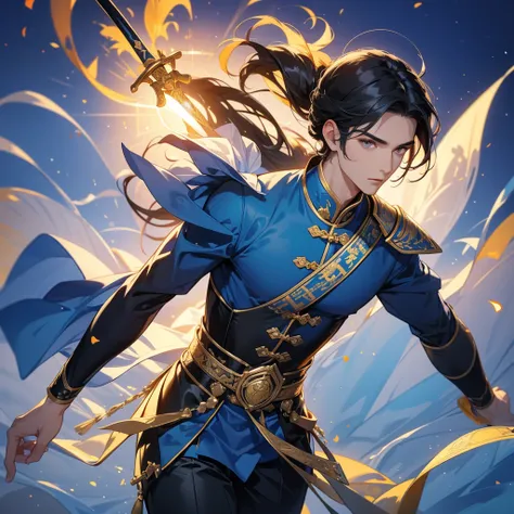 Handsome black-haired male holding a large sword in golden ancient Chinese costume, strolling among by the nemophila fields glowing blue, sunset, close up.