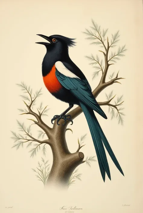 Fine art the rock magpie bird chirps with its beak open and with beautiful feathers and a long tail sticking out while gripping a tree branch