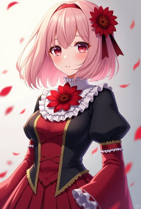 Anime-Stream. The focus is on a female anime character with light pink hair, that are wavy and shoulder length. The hair falls loosely and has a slightly frayed look. The character wears a red and black dress with elegant, detailed decorations. The dress h...