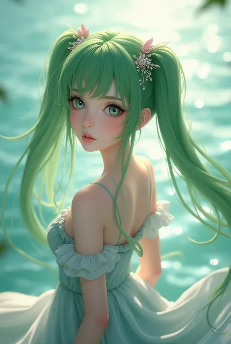 1girl, solo, hair ornament, green hair, twintails, long hair, dress, water