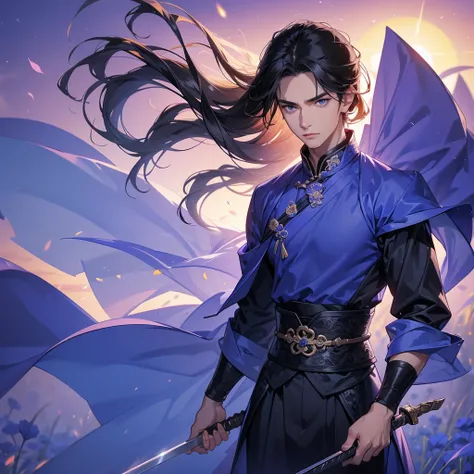 Handsome black-haired male holding a large sword in violet ancient Chinese costume, strolling among by the nemophila fields glowing blue, sunset, close up.