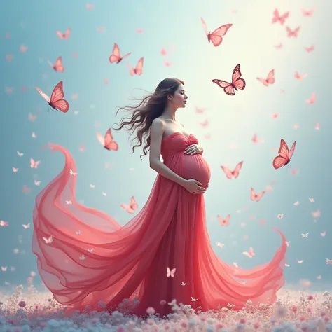 a pregnant woman stands amidst a flurry of pink and white butterflies, her flowing red dress cascading around her like a waterfall. she cradles her belly with both hands, embodying the serene beauty of anticipation. the backdrop is a soft blue gradient, ad