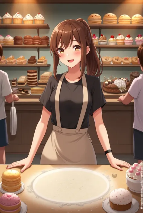 Large pastry shop with 8 shelves with cakes, cookies, sandwiches, cupcakes, pretty girl ponytail clear face brown hair, big eyes, girl&#39;s smile, black blouse and brown apron, honey-colored eyes, long white skirt, black tennis shoes, large table with flo...