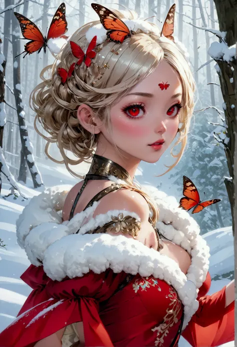 (oil painting art: 1.5) a most beautiful fairy playing in the snow, a beautiful fairy, ((full body shot: 1.5)), (best detailed face: 1.3), spread butterfly wings, dynamic hair color, dynamic hair style, busty, wearing red silk dress, intricate silk, wearin...