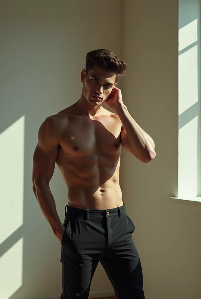 Photo of a handsome young male who is standing facing forward in a pale room and has his left hand resting on his head while having a direct gaze 