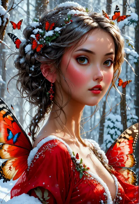 (oil painting art: 1.5) a most beautiful fairy playing in the snow, a beautiful fairy, ((full body shot: 1.5)), (best detailed face: 1.3), spread butterfly wings, dynamic hair color, dynamic hair style, busty, wearing red silk dress, intricate silk, wearin...