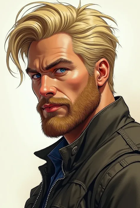 Man with well-defined face, beard and blond hair, drawn style, face from the side, looking half to the side, less realistic, he is confident 