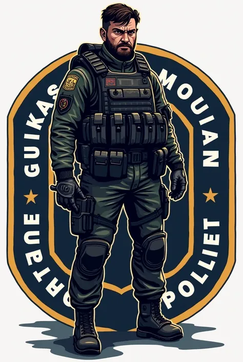 Can you create a logo with a tactical police officer and a background that says GURKAS Bolivian police?, honor discipline loyalty 